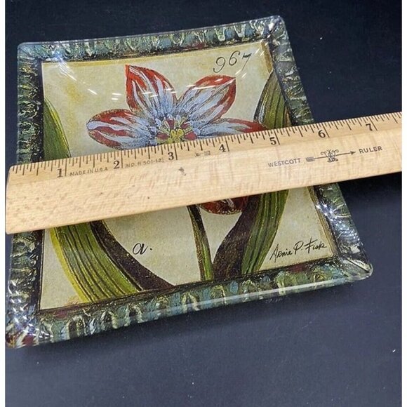 Arnie P Fisk Flower Still Glass Trinket Dish 6” Square - Picture 6 of 8